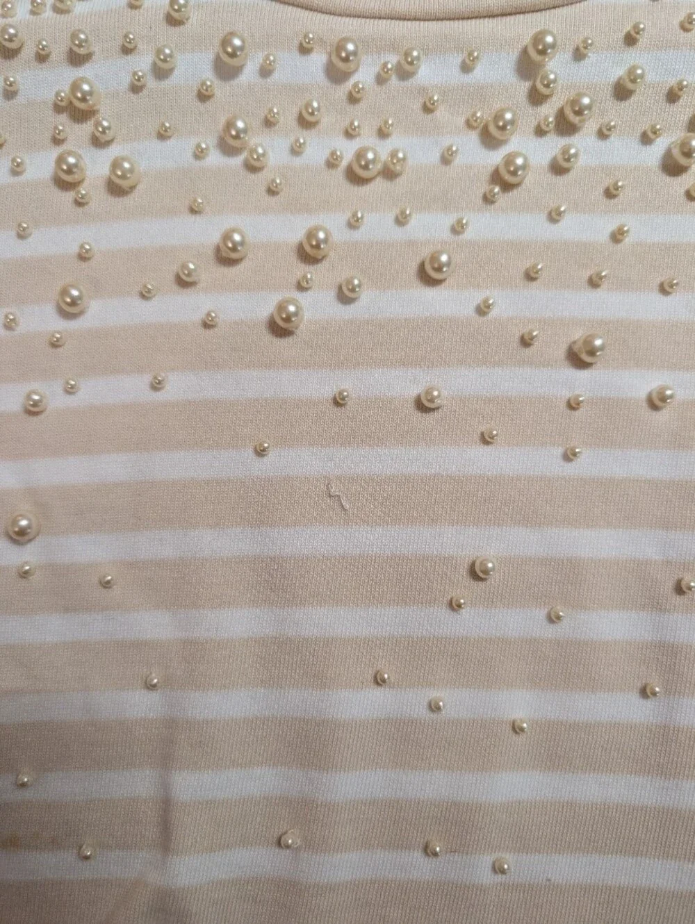 Tory Burch Cream and White Striped Long-Sleeve Tee with Pearl Beads Size S